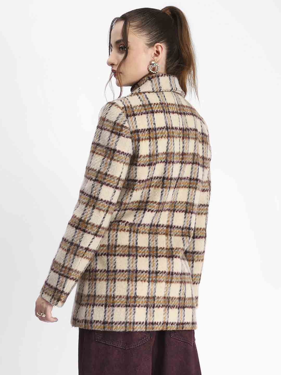 Madame Plaid Lapel Collared Welt Pocketed Beige Coat - Image 6