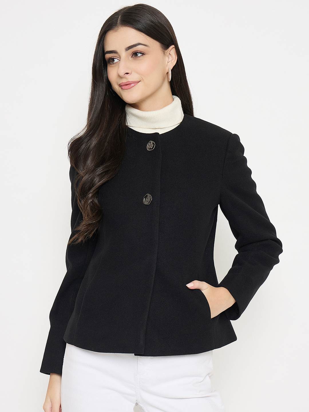 Madame Round Neck Black Short Coat - Image 3