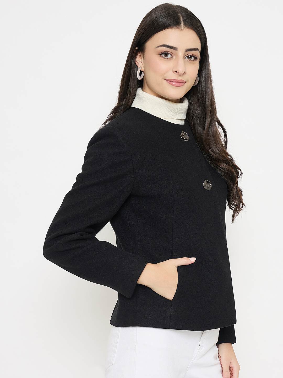 Madame Round Neck Black Short Coat - Image 4