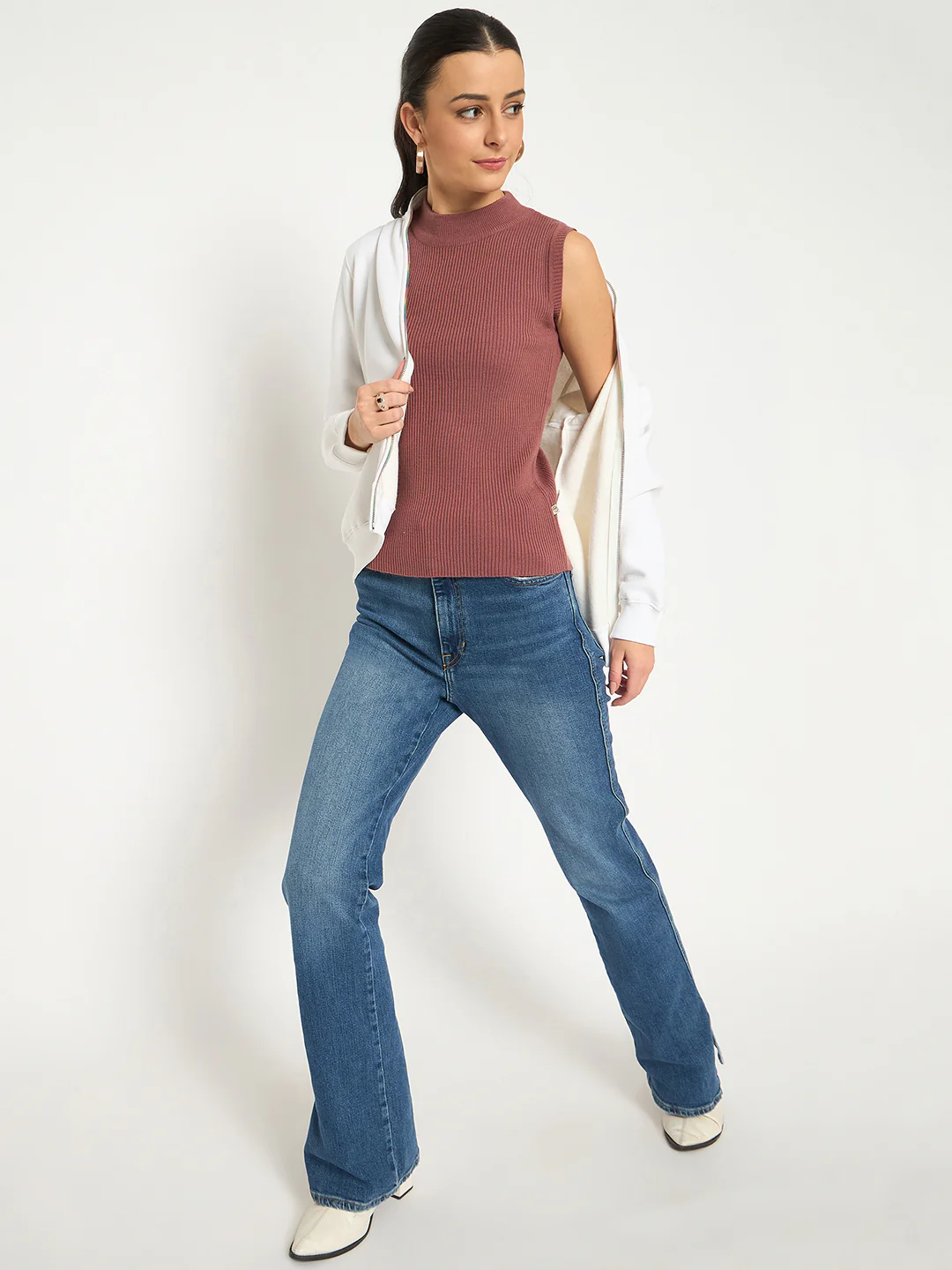 Madame Fleece T Neck Front Zip White Sweatshirt - Image 3