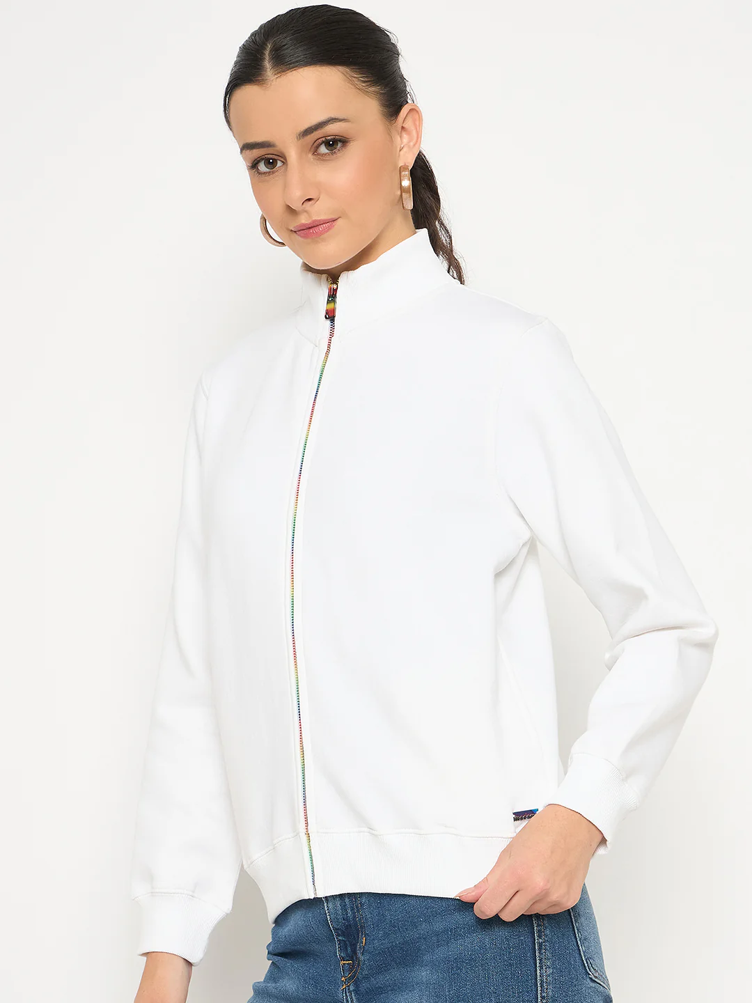 Madame Fleece T Neck Front Zip White Sweatshirt - Image 5