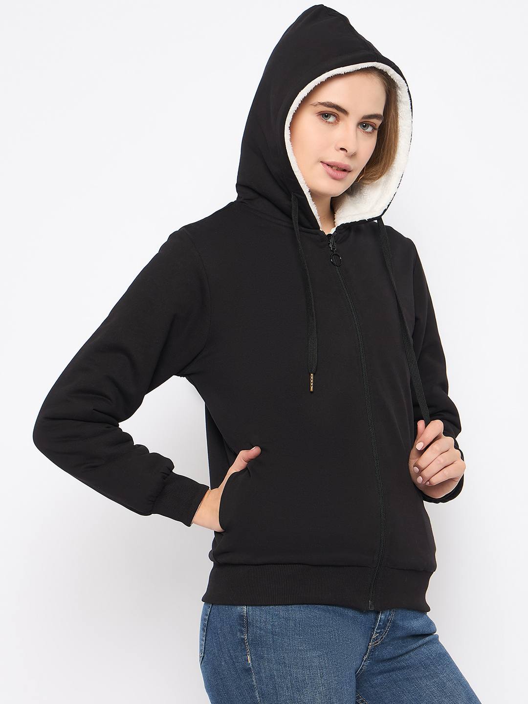 Madame Metal Detailed Zipper Black Hooded Sweatshirt - Image 2