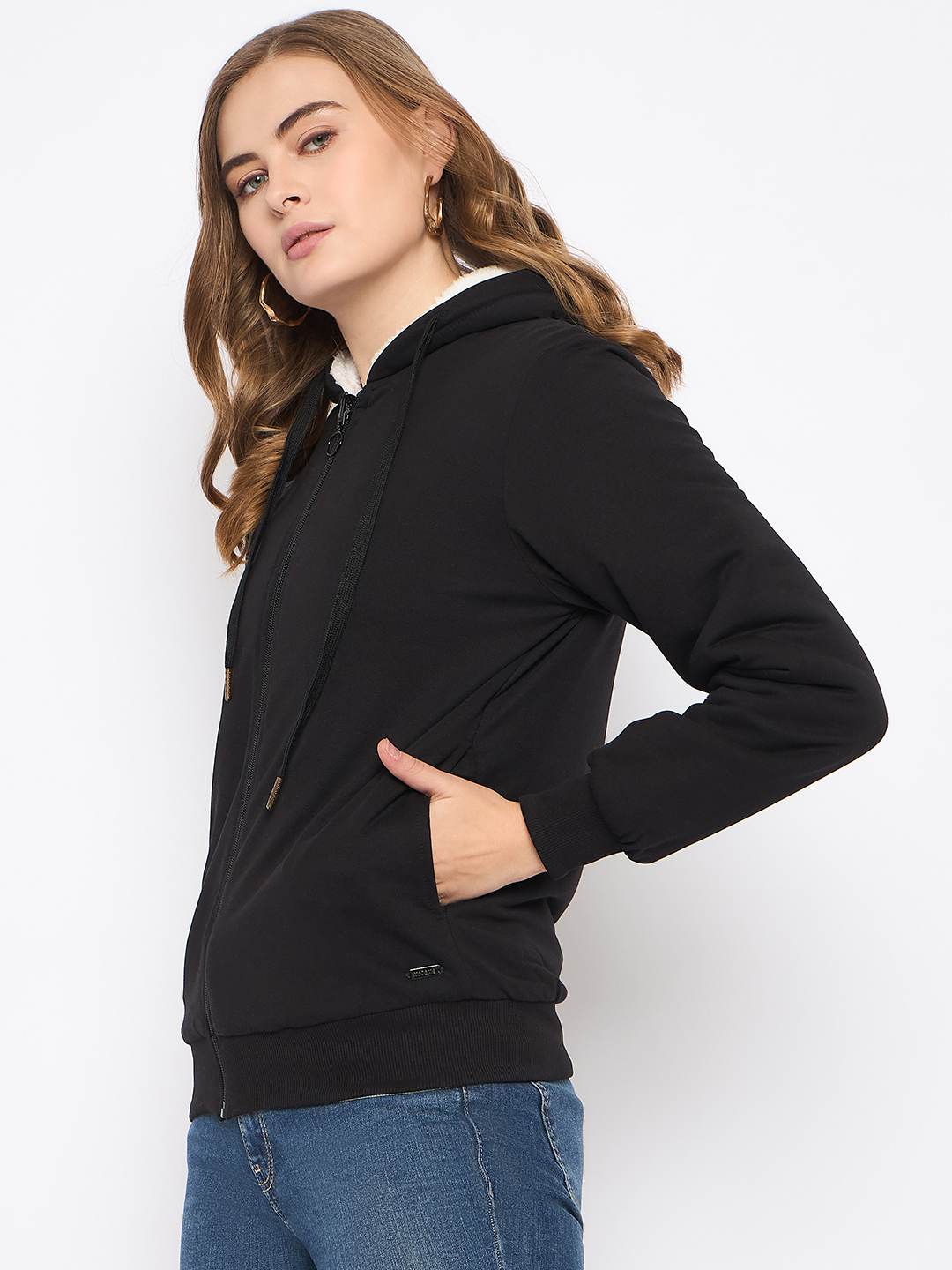 Madame Metal Detailed Zipper Black Hooded Sweatshirt - Image 3