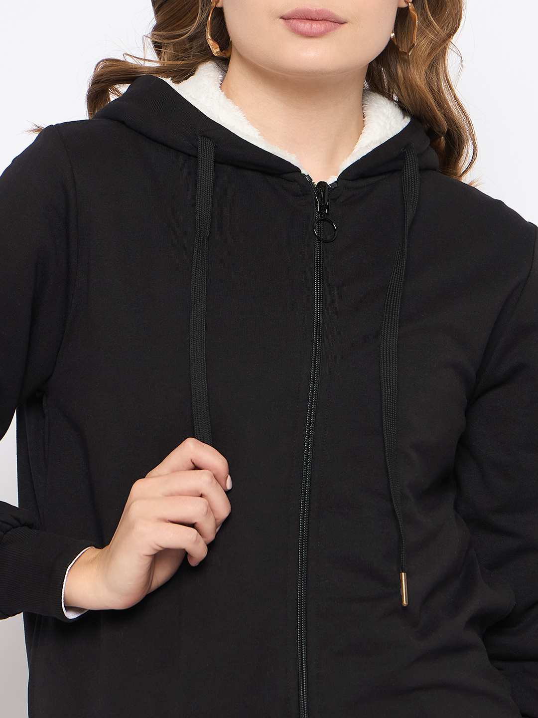 Madame Metal Detailed Zipper Black Hooded Sweatshirt - Image 7