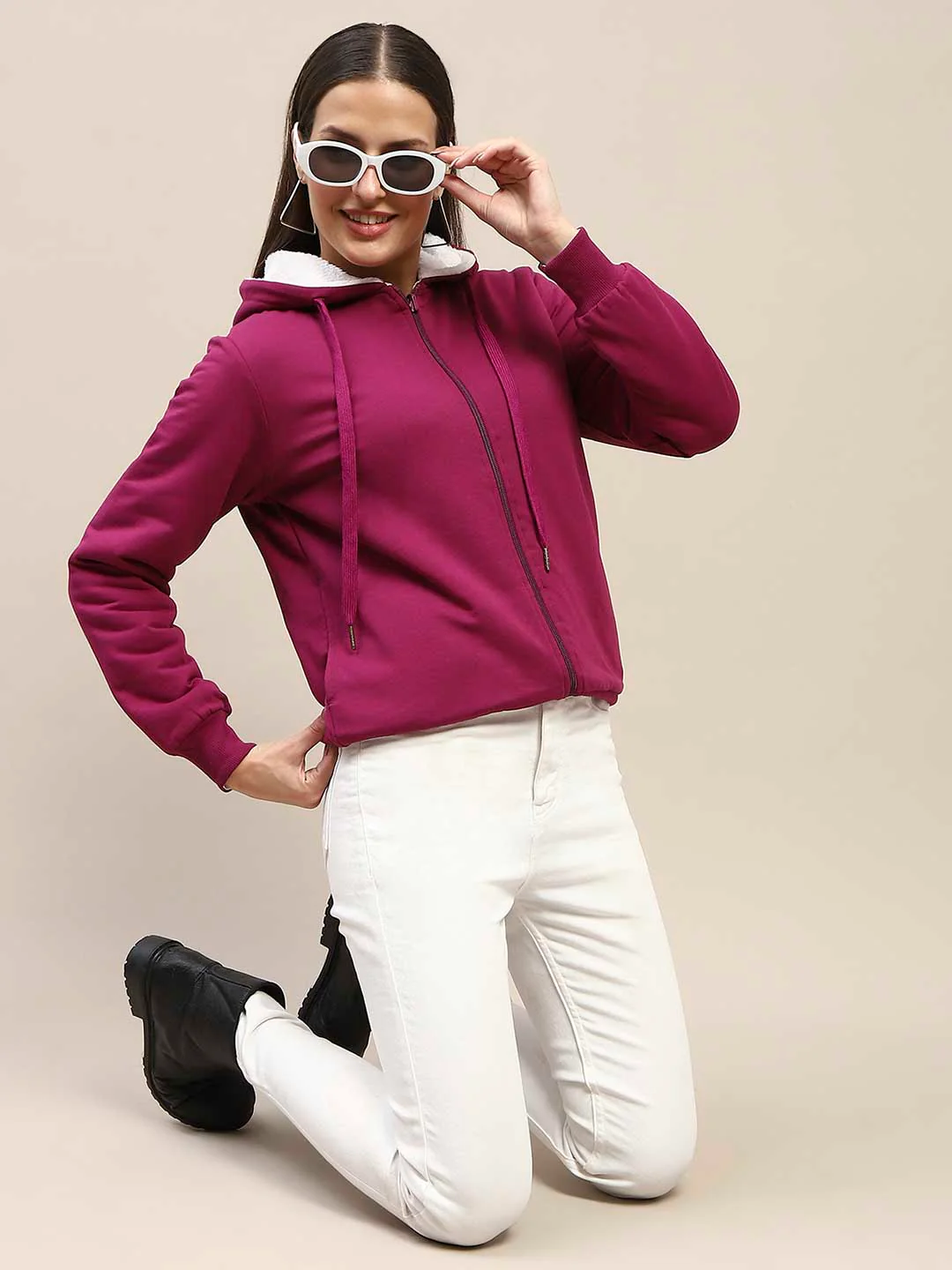 Madame Fur Hood Metal Detailed Plum Zipped Sweatshirt - Image 2