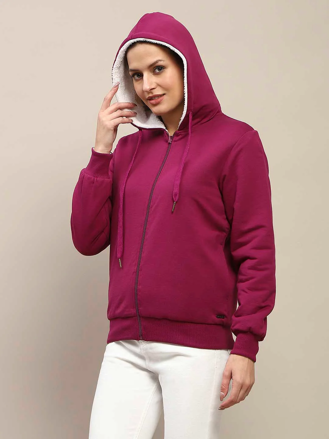 Madame Fur Hood Metal Detailed Plum Zipped Sweatshirt - Image 5