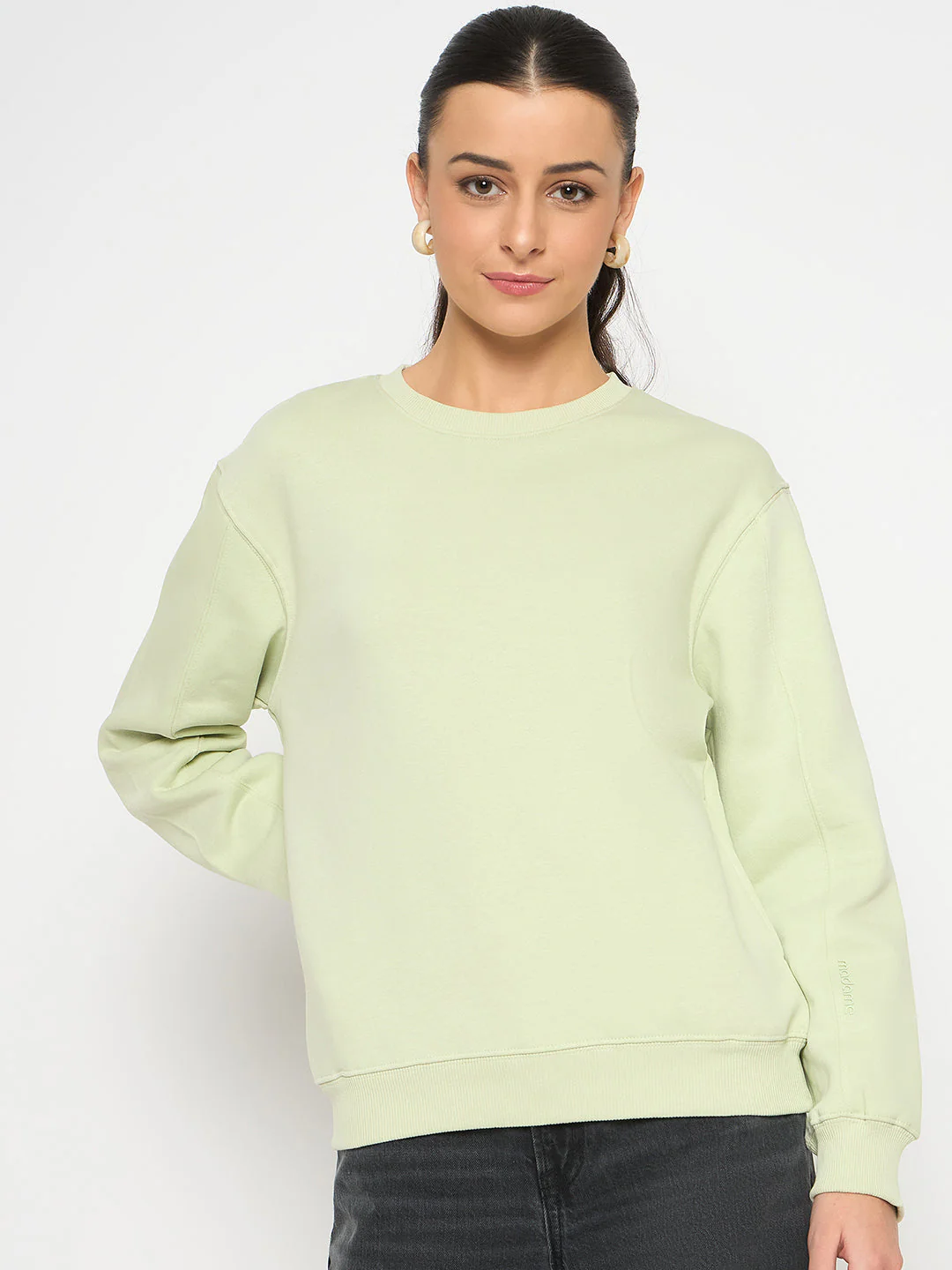 Madame Cotton Blend Solid Apple Green Sweatshirt - Image 3