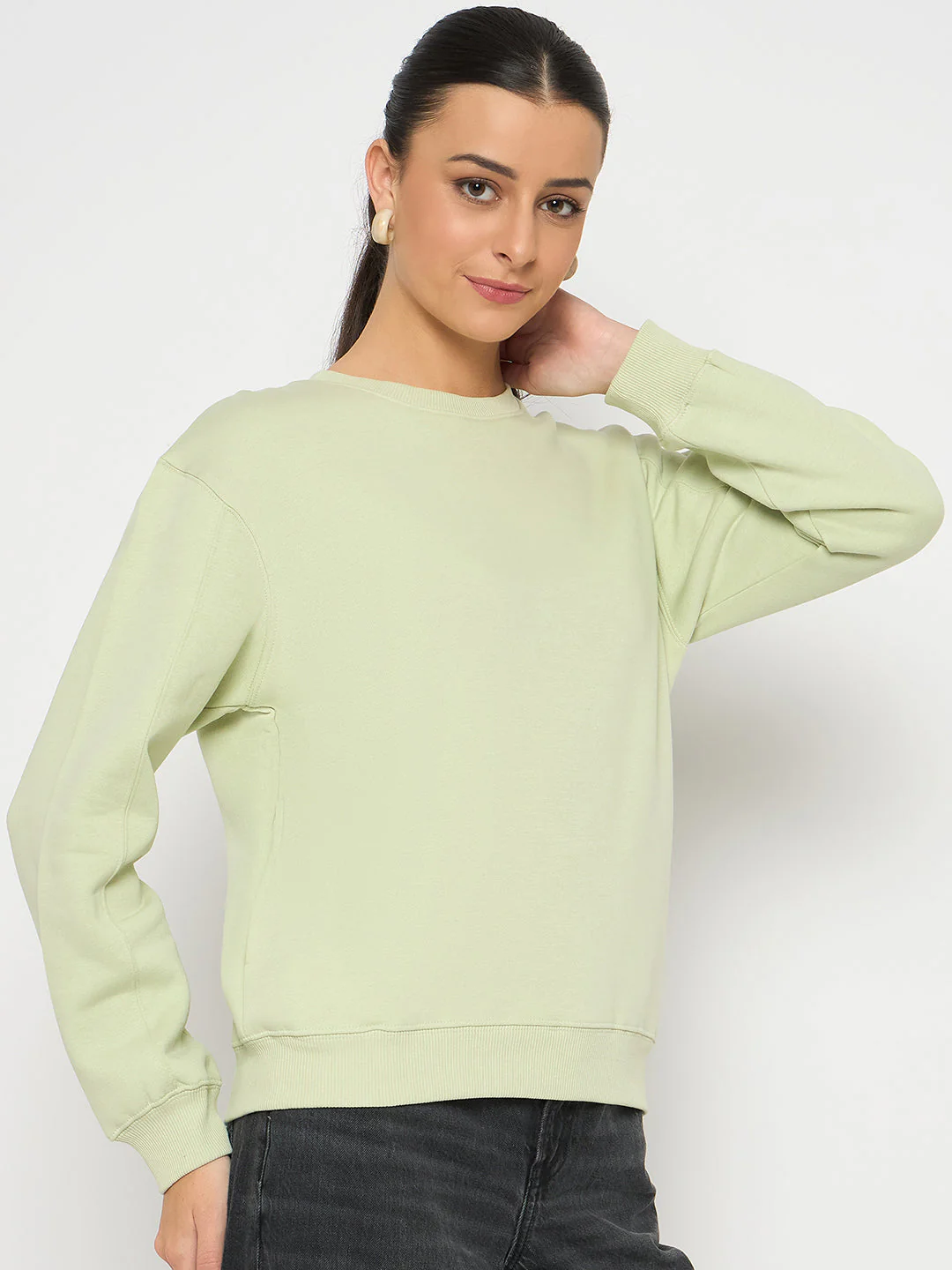 Madame Cotton Blend Solid Apple Green Sweatshirt - Image 4
