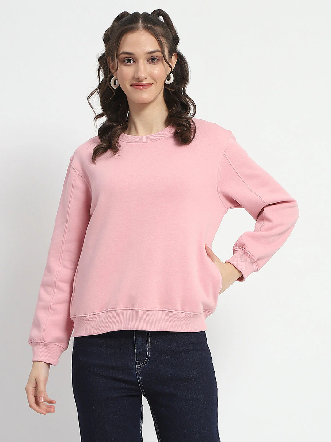 Madame Solid Light Pink Crew Neck Cotton Sweatshirt - Image 3