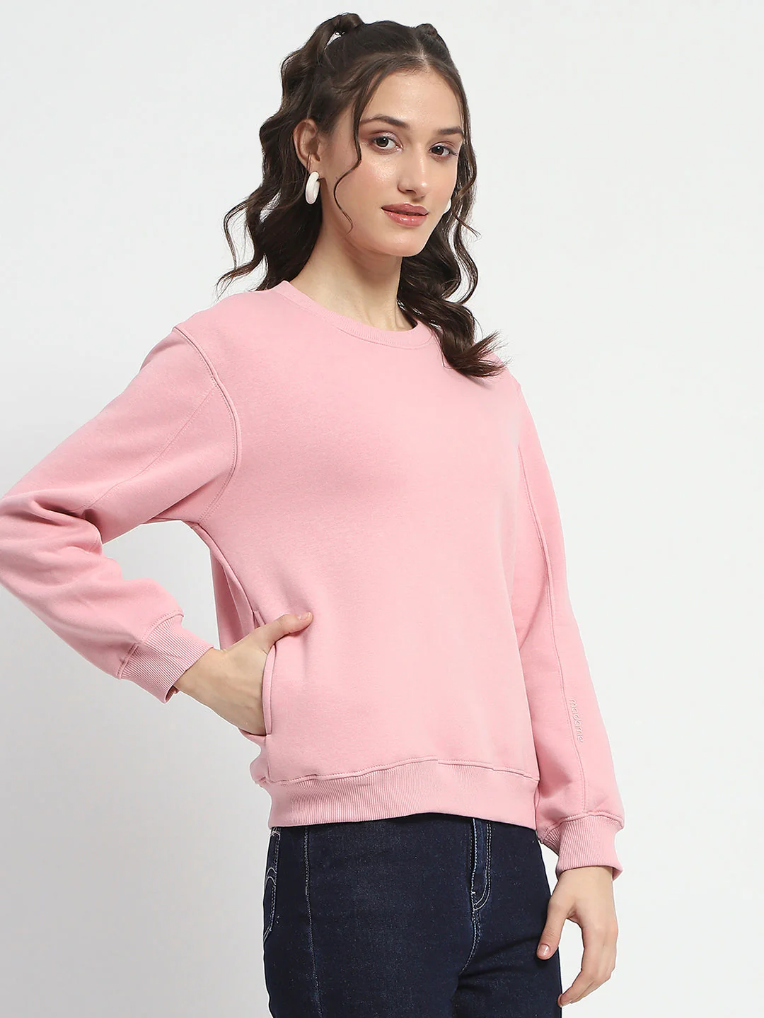 Madame Solid Light Pink Crew Neck Cotton Sweatshirt - Image 4
