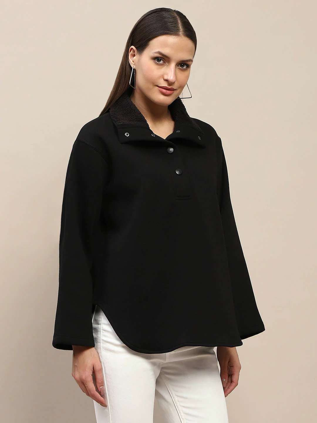 Madame Fleece Fur Attached Buttoned Black Zipper Sweatshirt - Image 4