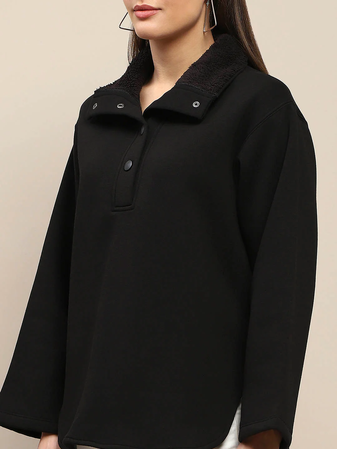 Madame Fleece Fur Attached Buttoned Black Zipper Sweatshirt - Image 7