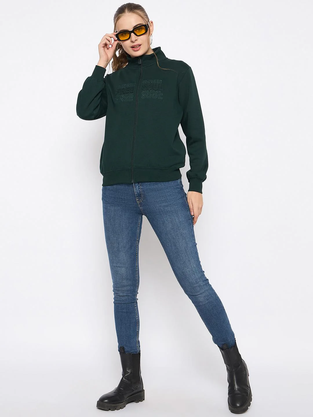 Madame Fleece Embroidery Detailed Turtleneck Bottle Green Sweatshirt - Image 2