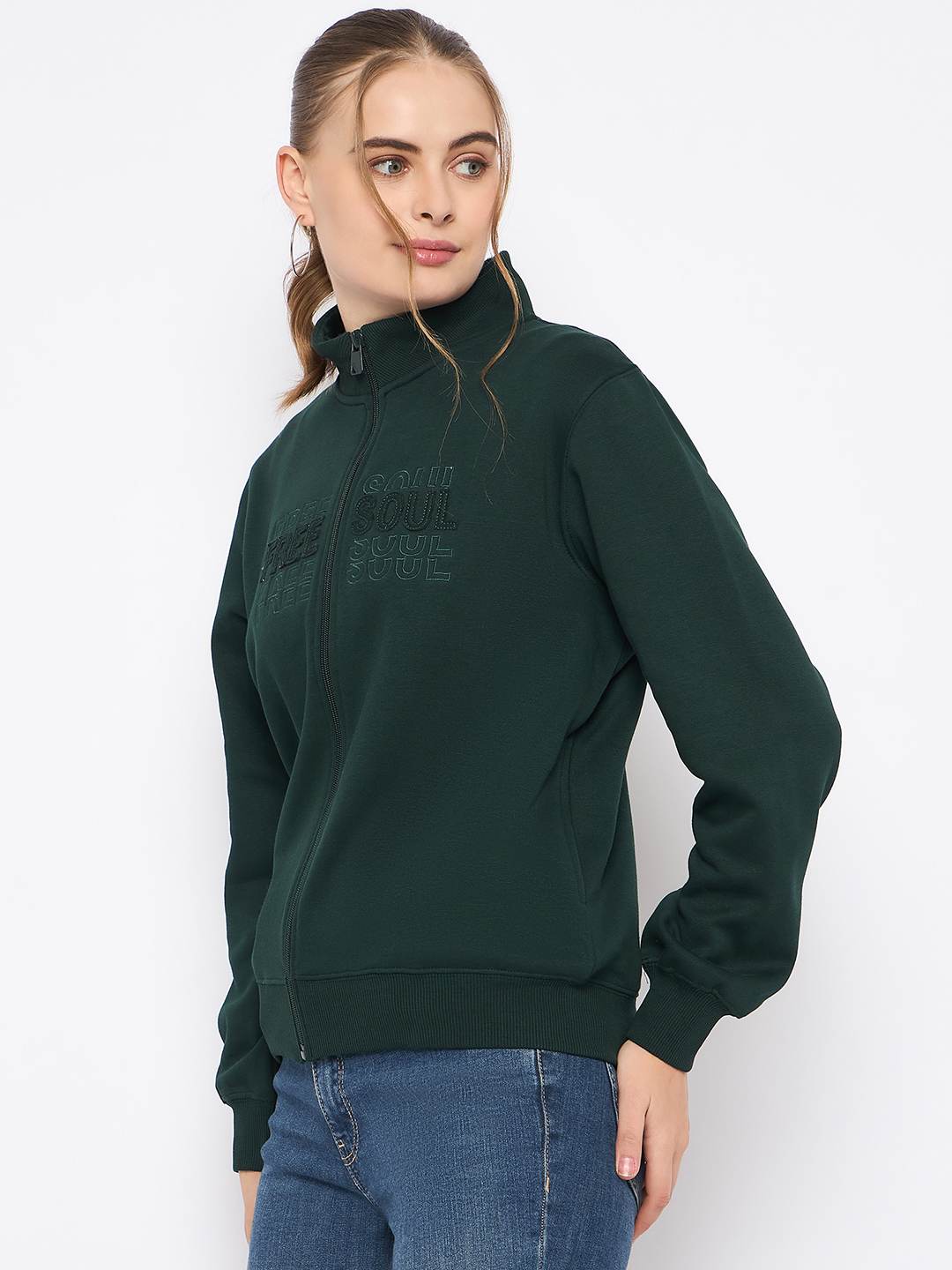 Madame Fleece Embroidery Detailed Turtleneck Bottle Green Sweatshirt - Image 5