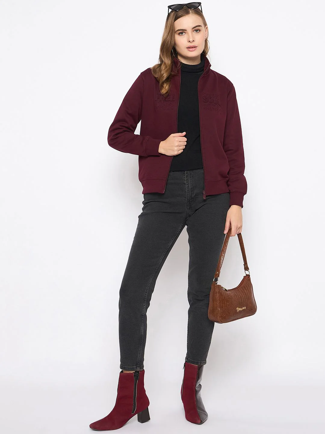 Madame Embroidery Detailied Wine Fleece Sweatshirt - Image 2