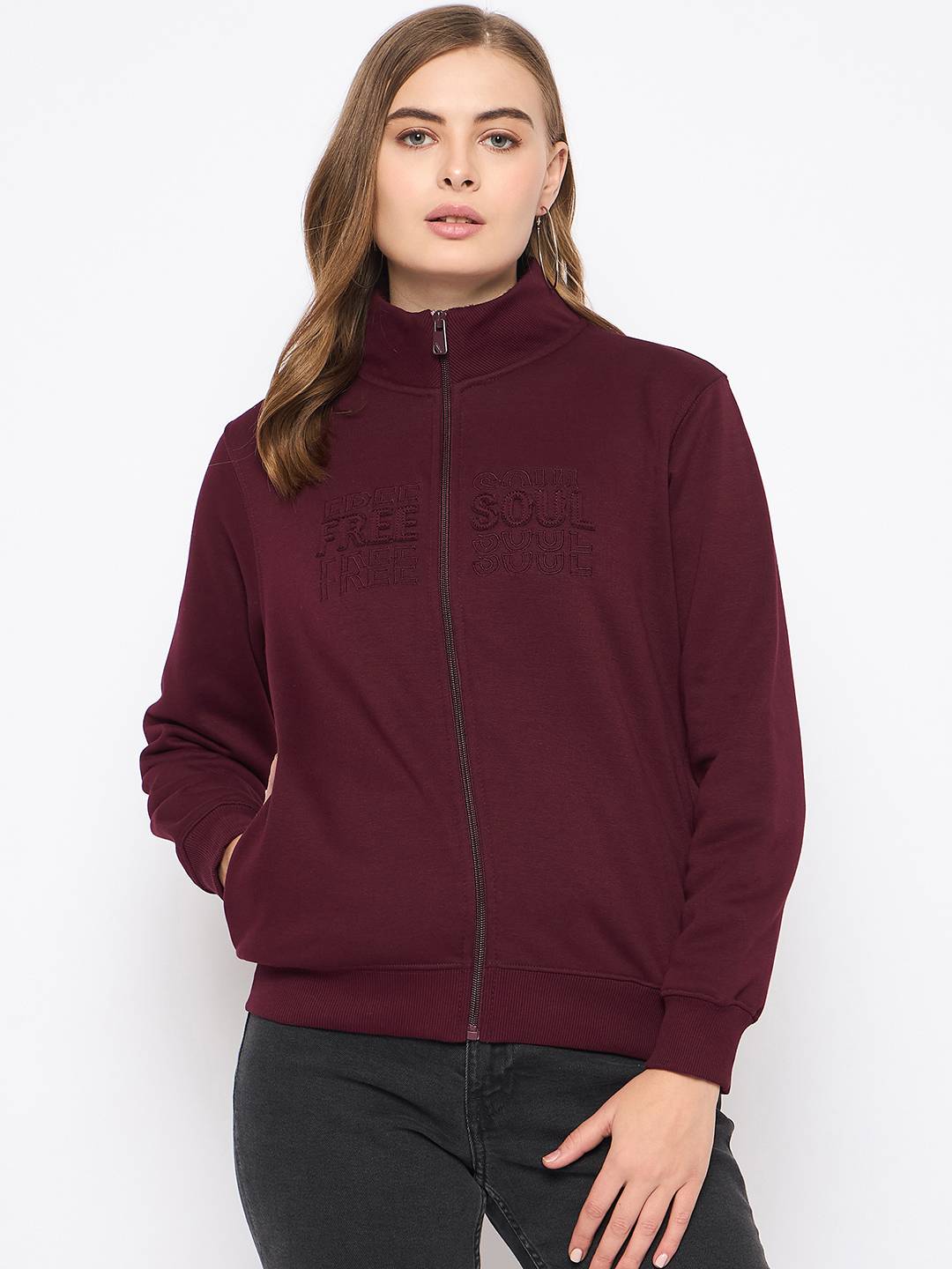 Madame Embroidery Detailied Wine Fleece Sweatshirt - Image 3