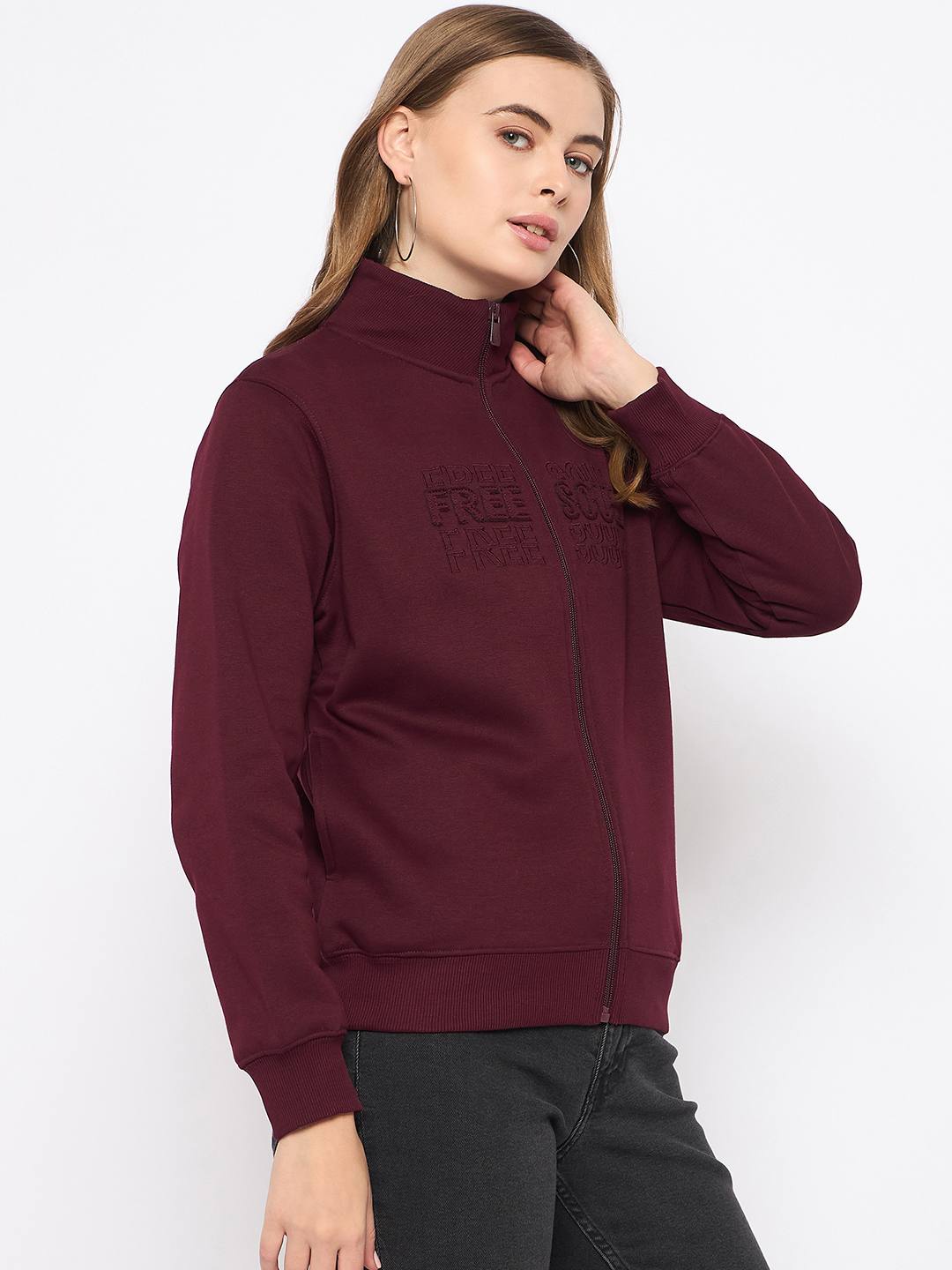 Madame Embroidery Detailied Wine Fleece Sweatshirt - Image 4
