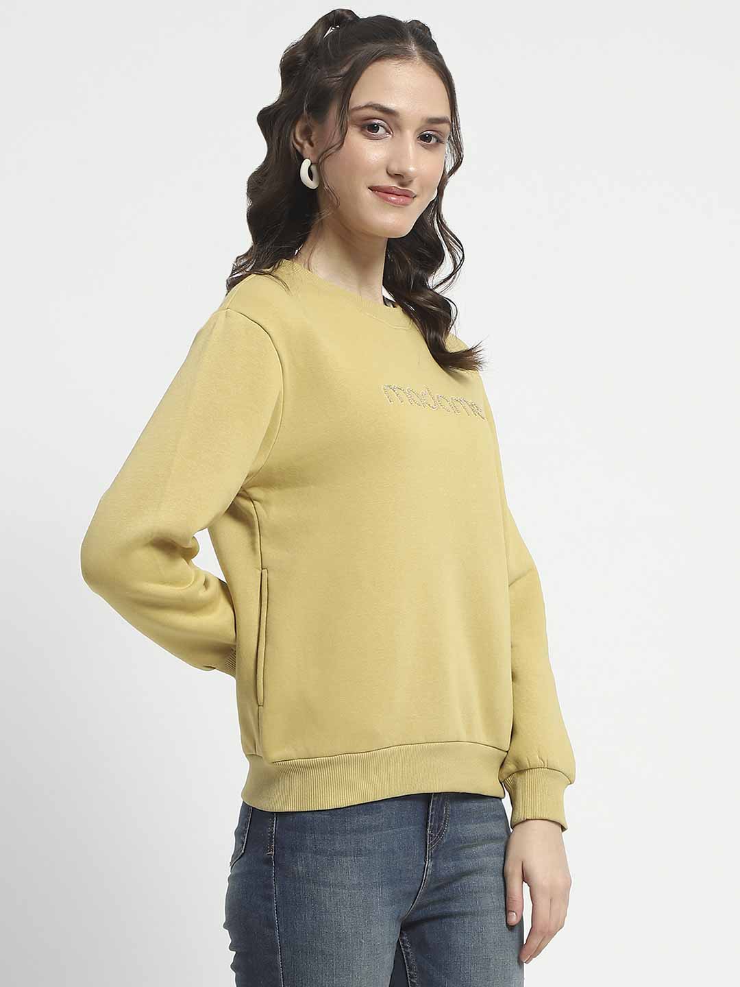 Madame Fleece Handwork And Embroidered Golden Yellow Sweatshirt For Women - Image 4
