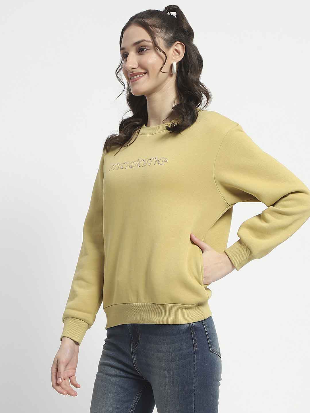 Madame Fleece Handwork And Embroidered Golden Yellow Sweatshirt For Women - Image 5