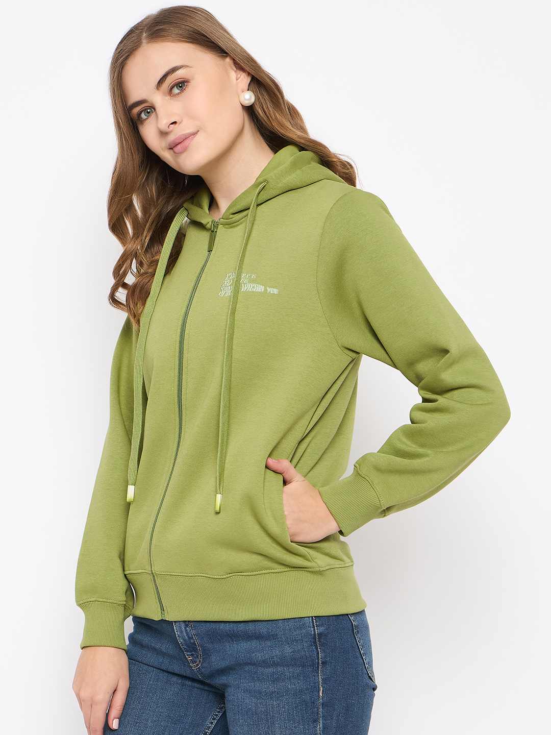 Madame Fleece Placement Printed Zipped Olive Grab Hooded Sweatshirt - Image 4