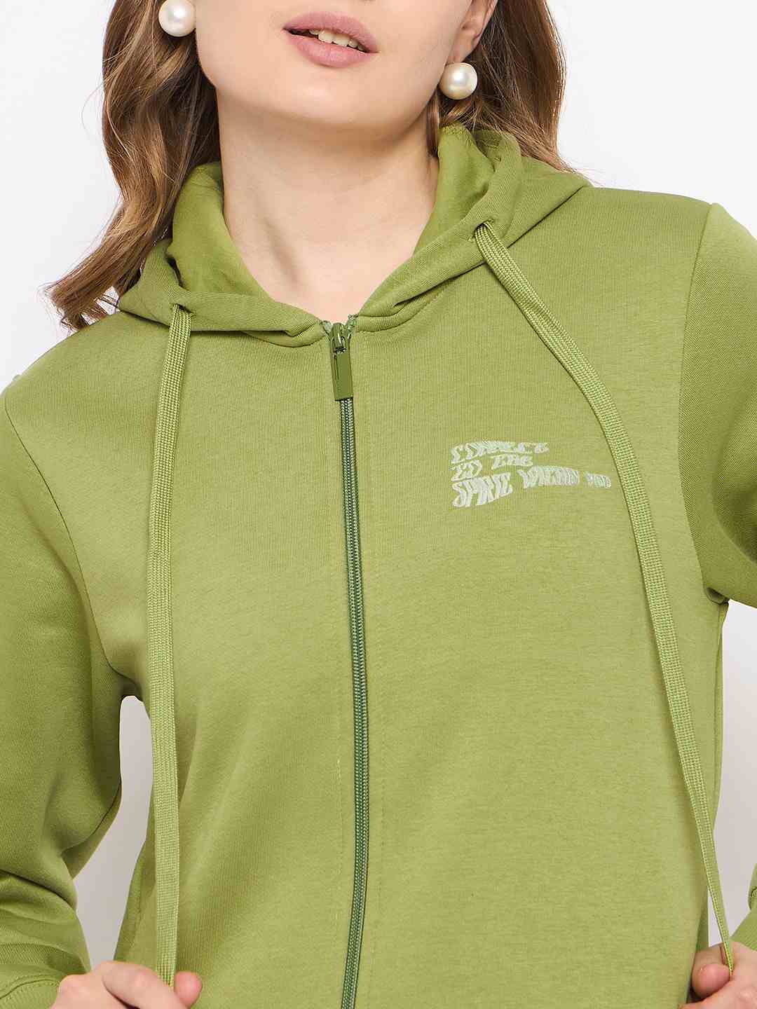 Madame Fleece Placement Printed Zipped Olive Grab Hooded Sweatshirt - Image 7