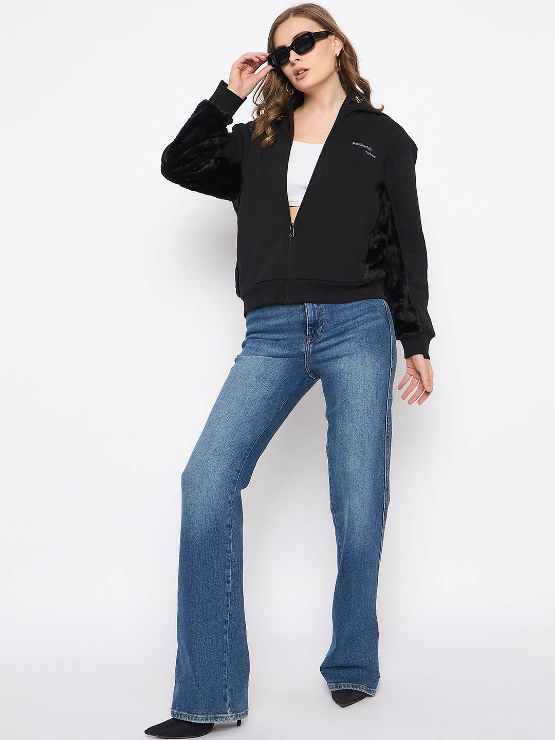 Madame Placement Print with Cut & Sew Fur Black Zipped Sweatshirt - Image 2