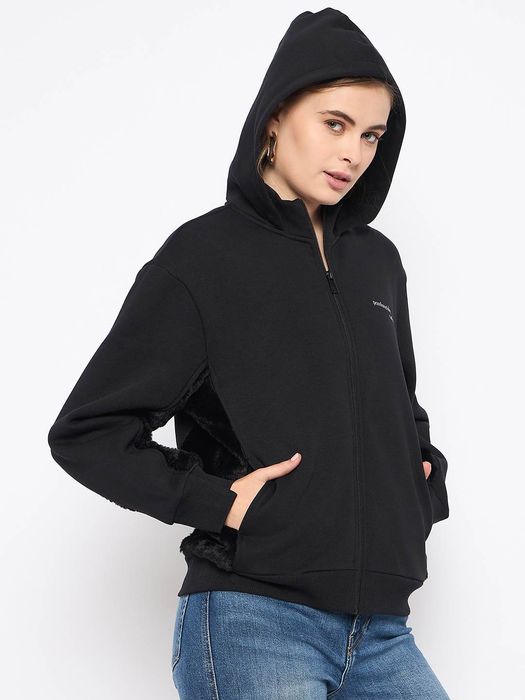 Madame Placement Print with Cut & Sew Fur Black Zipped Sweatshirt - Image 4