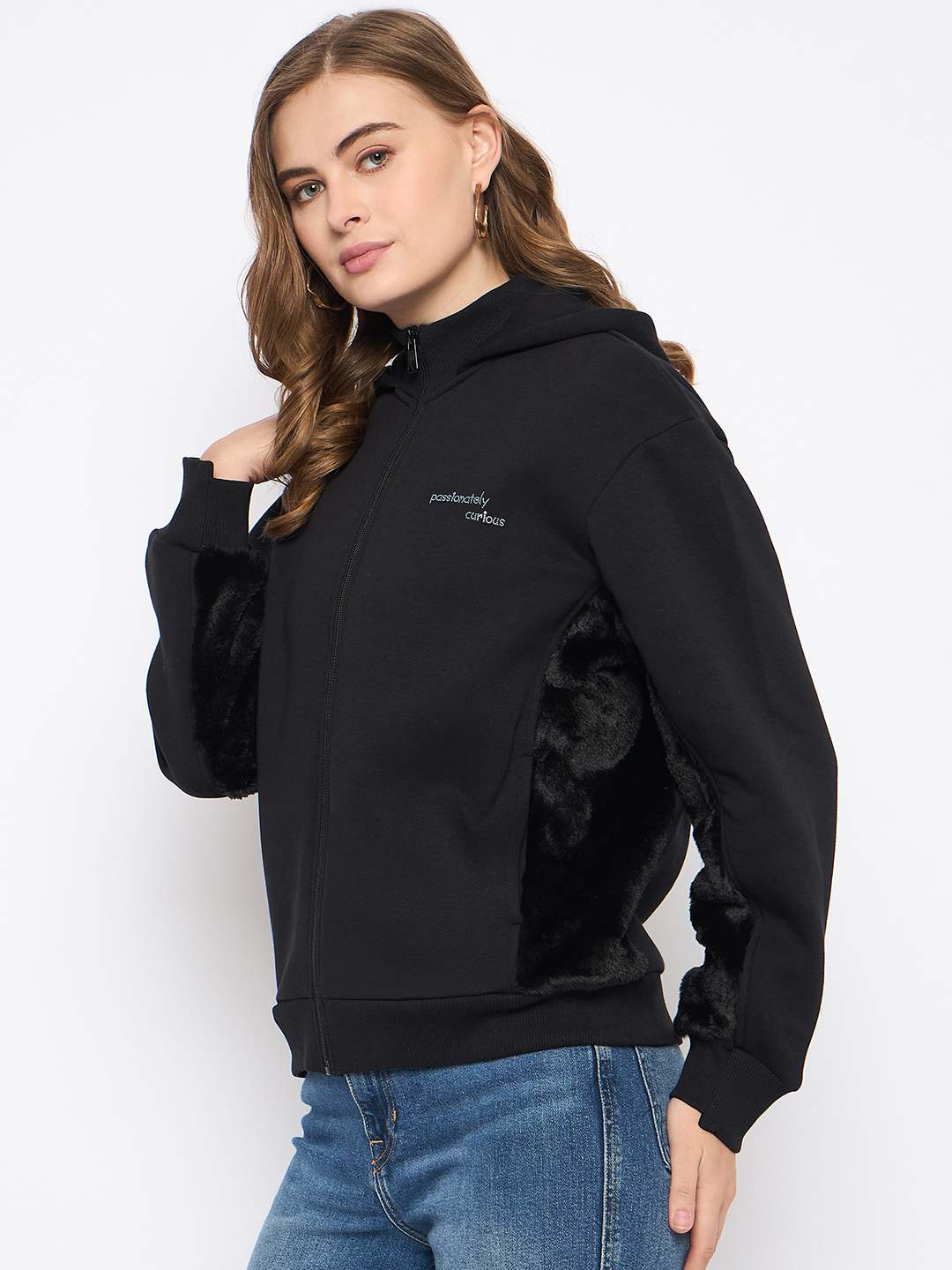 Madame Placement Print with Cut & Sew Fur Black Zipped Sweatshirt - Image 5