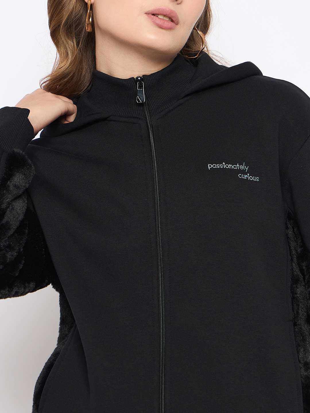 Madame Placement Print with Cut & Sew Fur Black Zipped Sweatshirt - Image 7