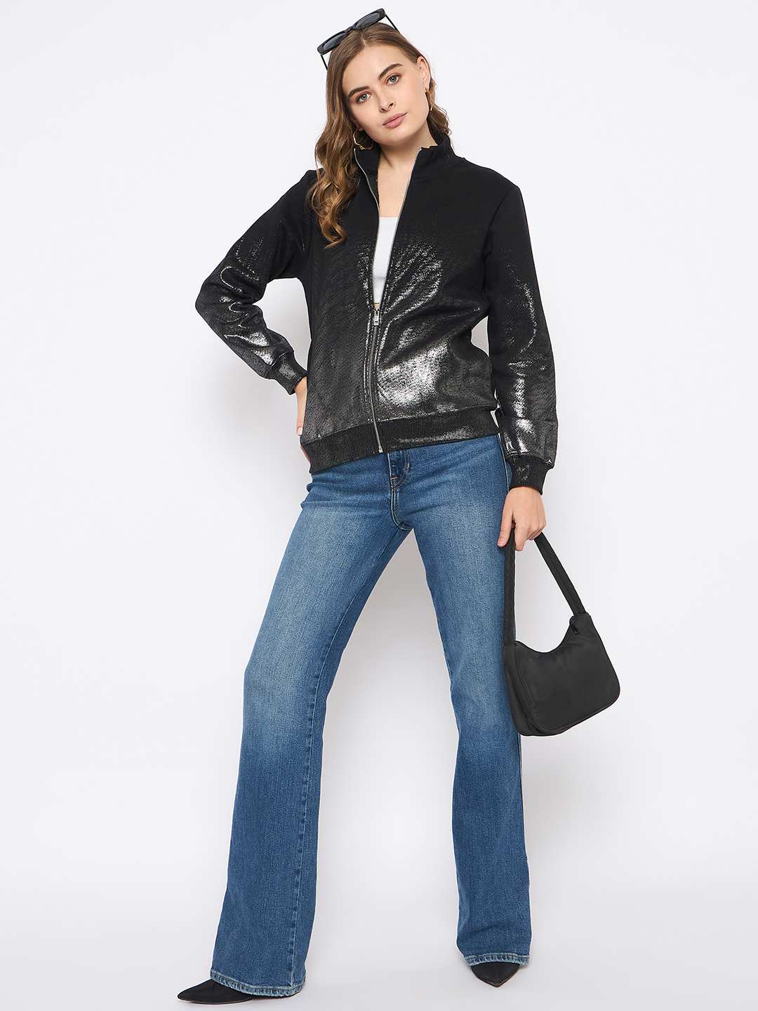 Madame Cotton Blend Quilted Zipped Black Sweatshirt - Image 2