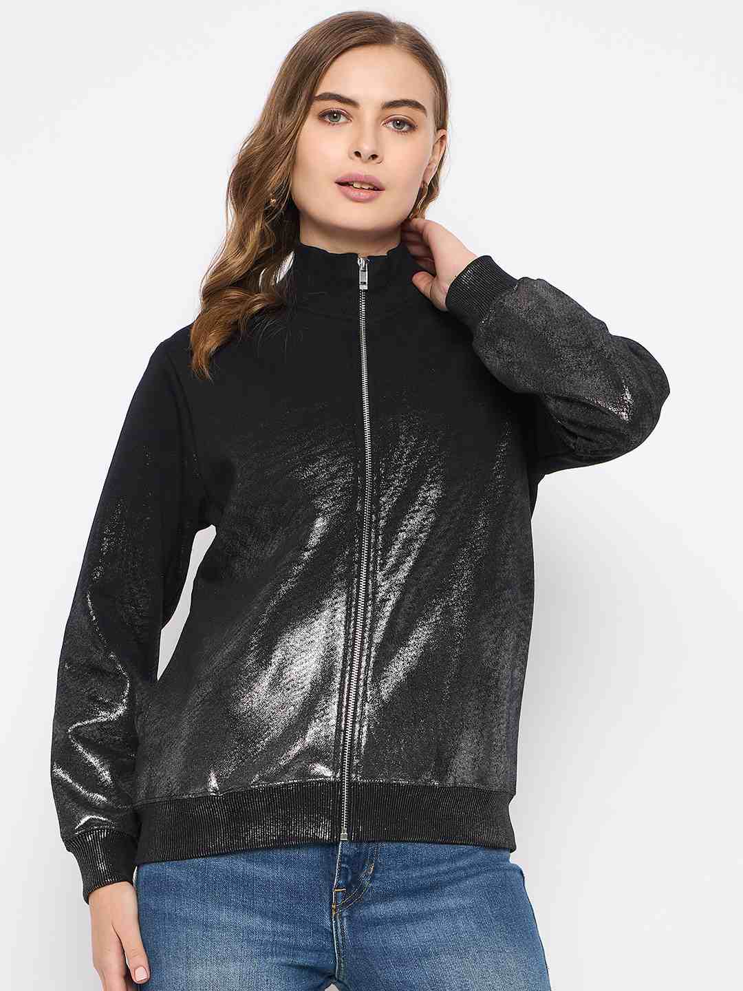 Madame Cotton Blend Quilted Zipped Black Sweatshirt - Image 3