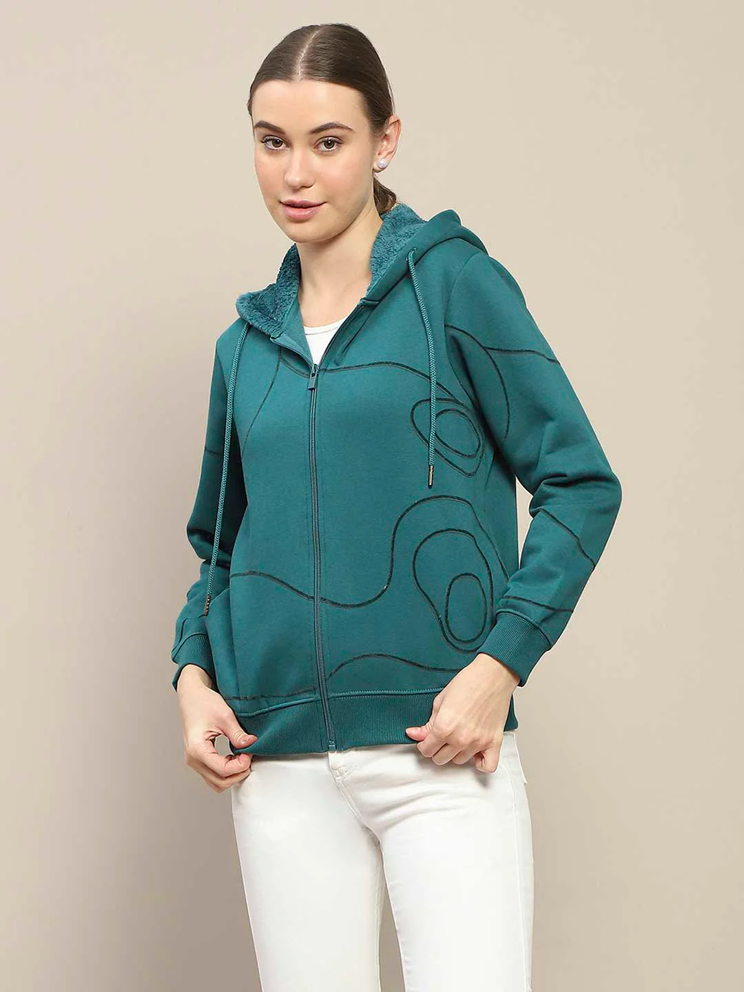 Madame Geometric Print Zipped Teal Hooded Sweatshirt - Image 2