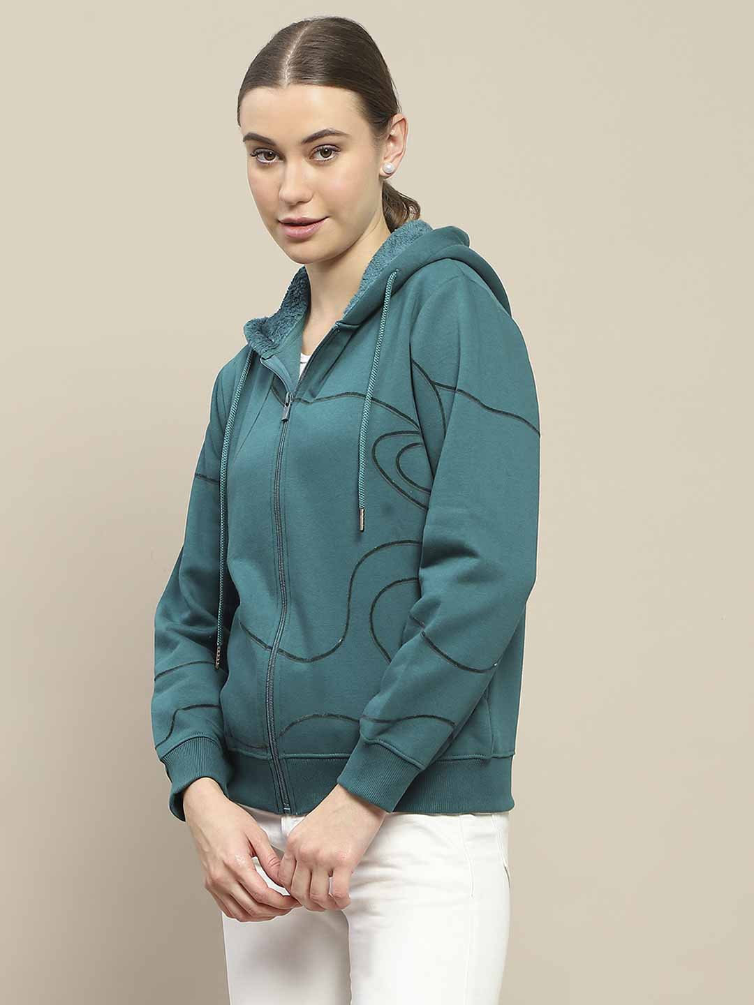 Madame Geometric Print Zipped Teal Hooded Sweatshirt - Image 4