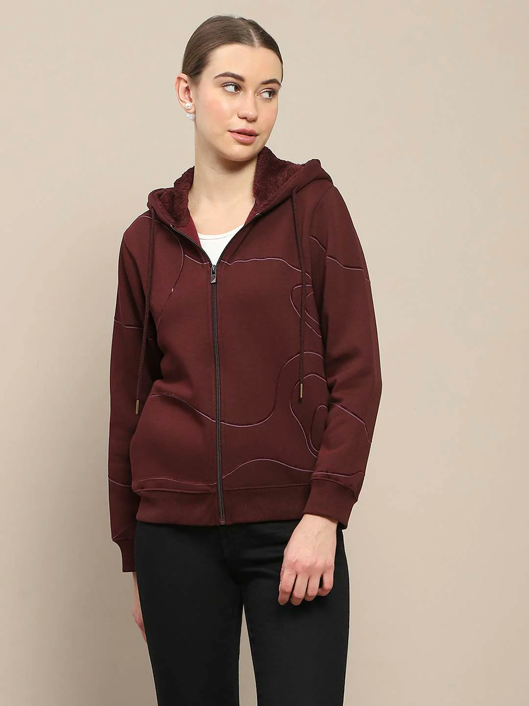 Madame Geometric Print Zipped Wine Hooded Sweatshirt - Image 3