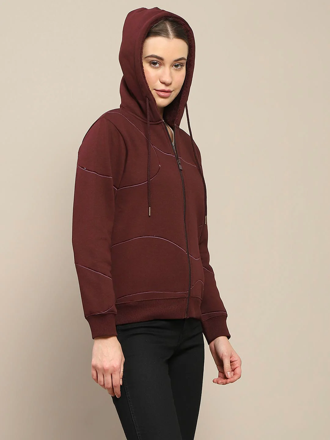 Madame Geometric Print Zipped Wine Hooded Sweatshirt - Image 4