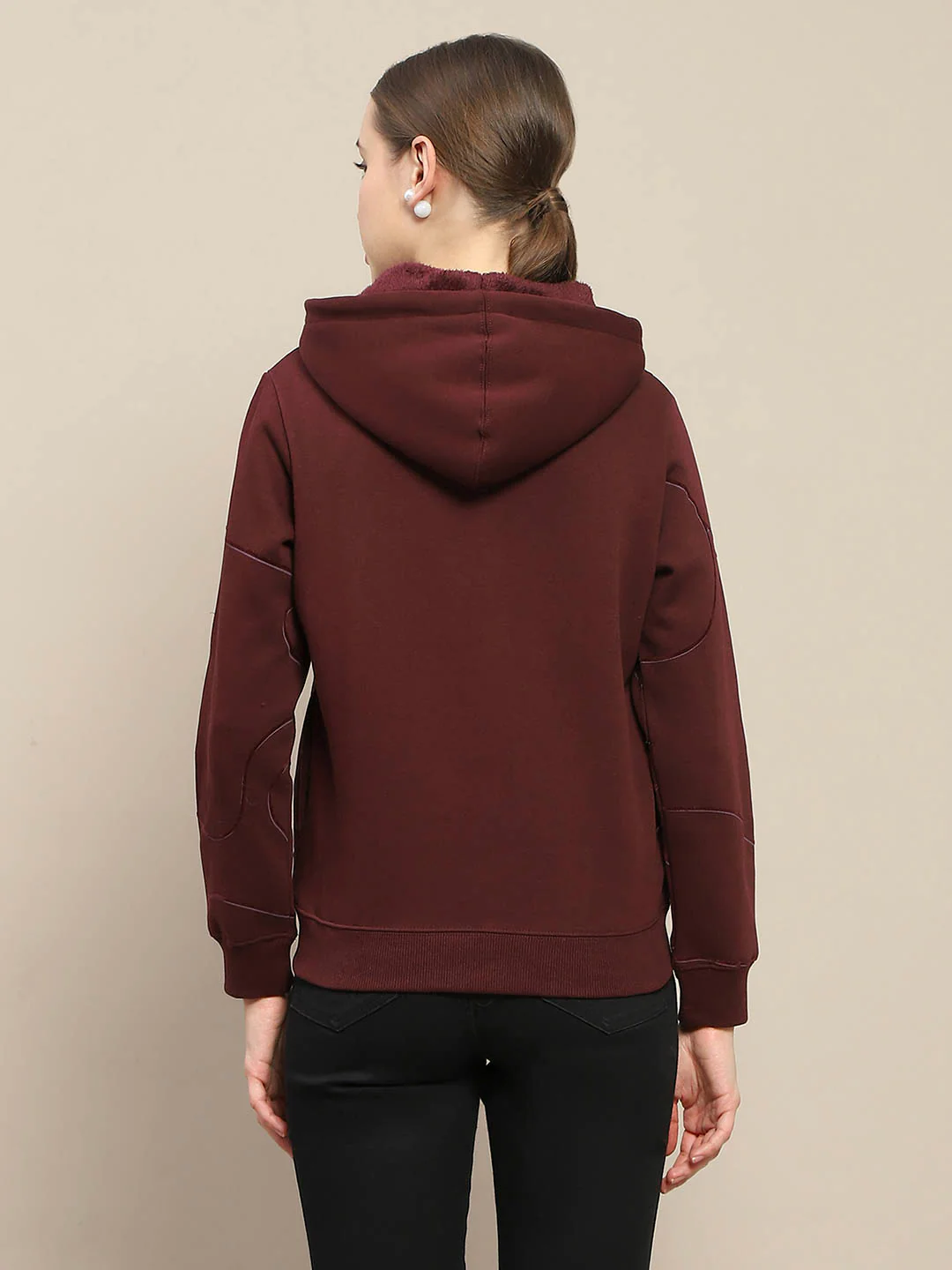 Madame Geometric Print Zipped Wine Hooded Sweatshirt - Image 6