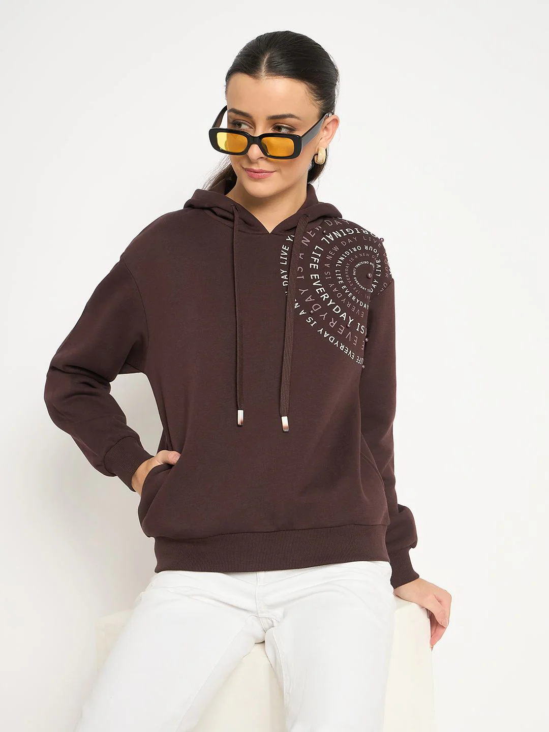 Madame Placement Printed Pearl Detailed Brown Sweatshirt