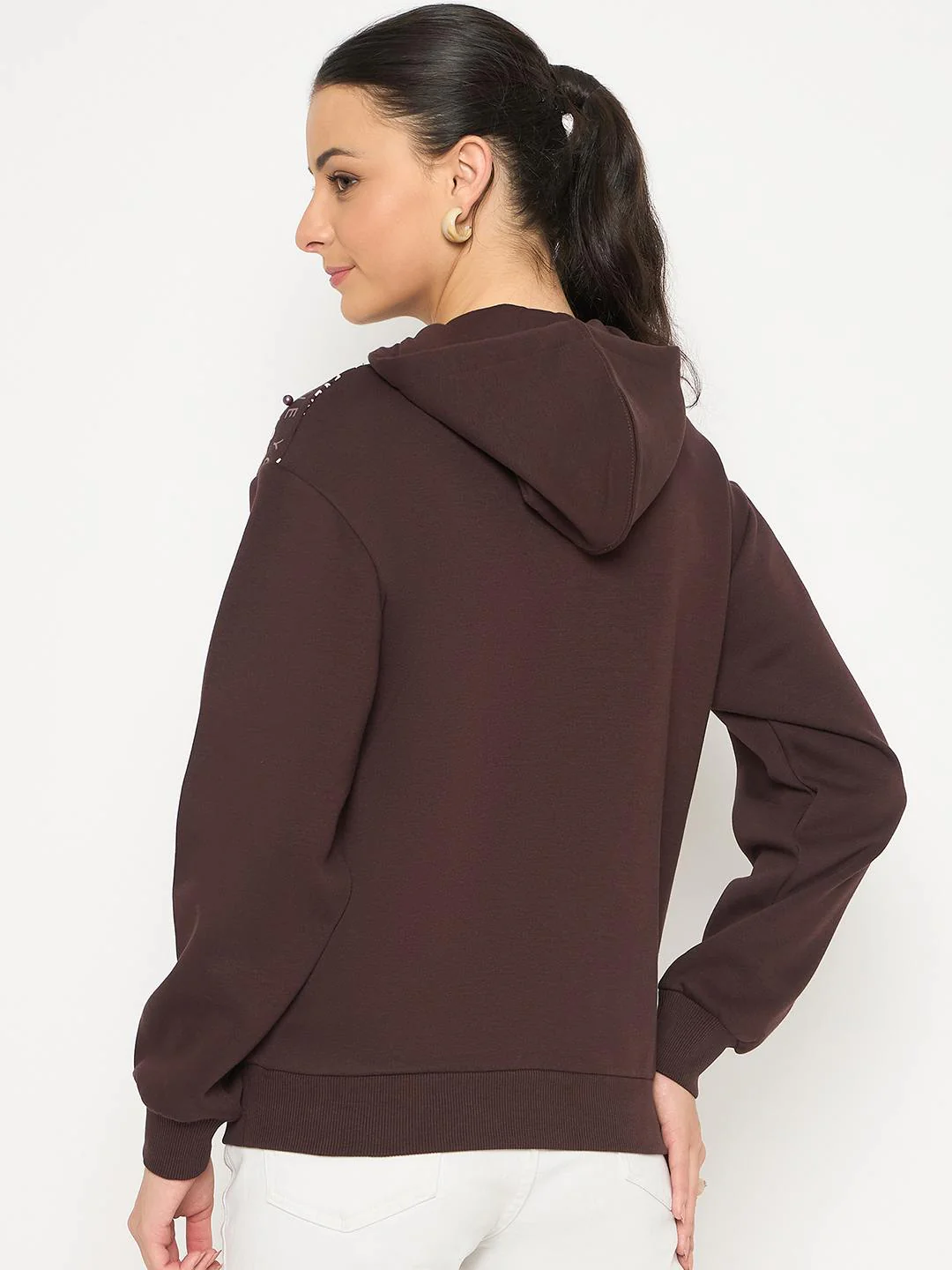 Madame Placement Printed Pearl Detailed Brown Sweatshirt - Image 6