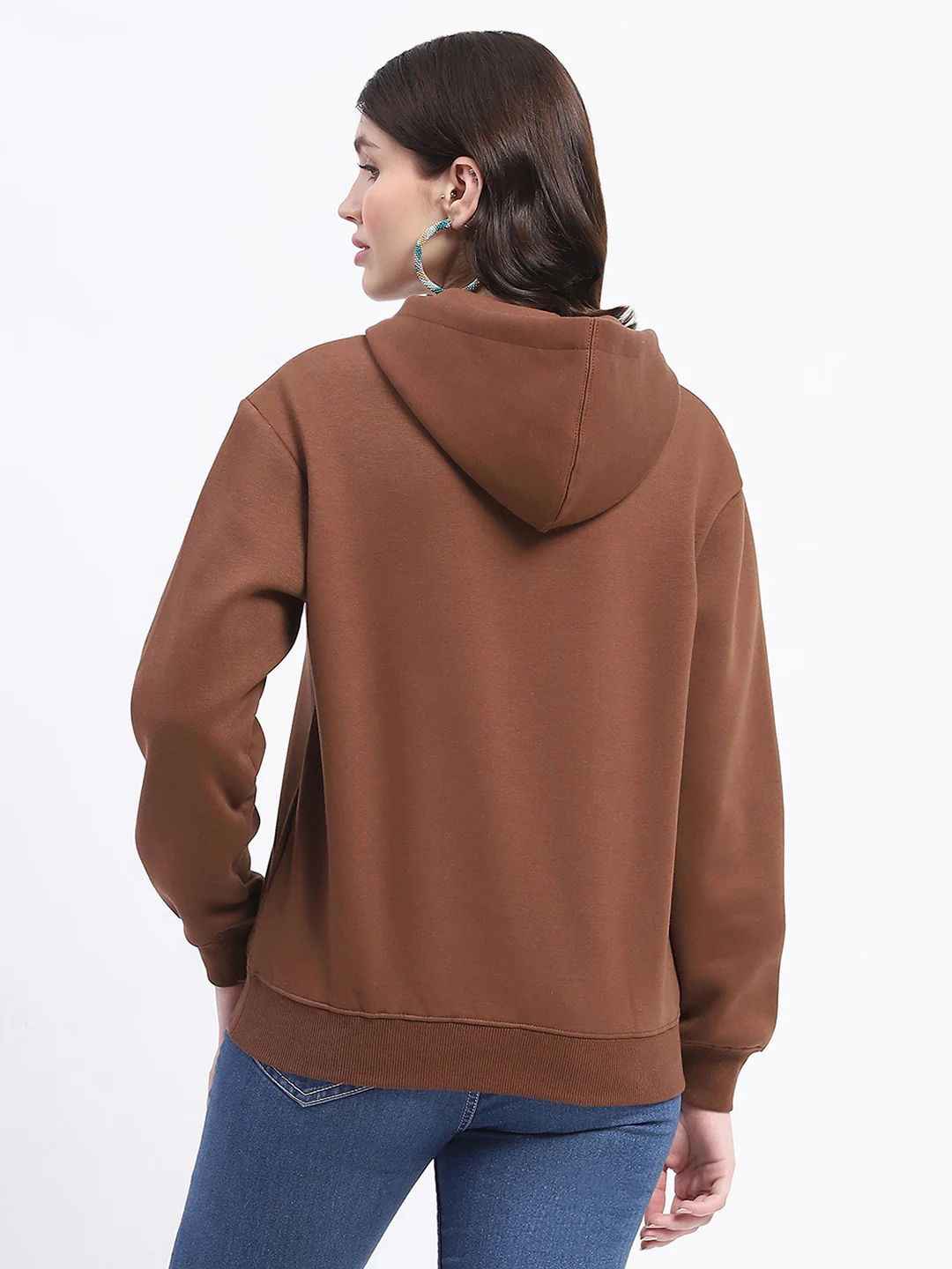 Madame Fleece Embroidered Closed Brown Hooded Sweatshirt - Image 5