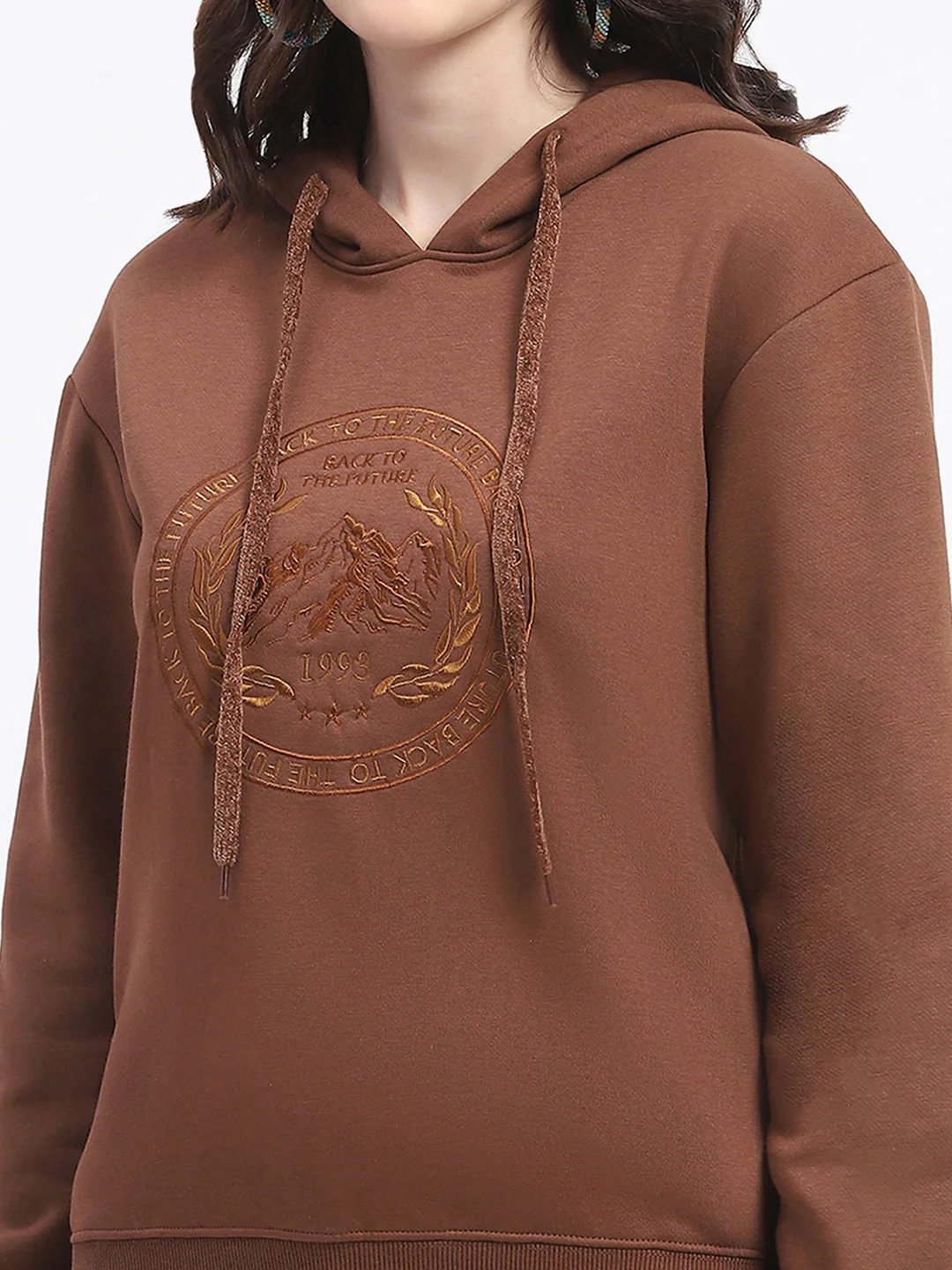 Madame Fleece Embroidered Closed Brown Hooded Sweatshirt - Image 6