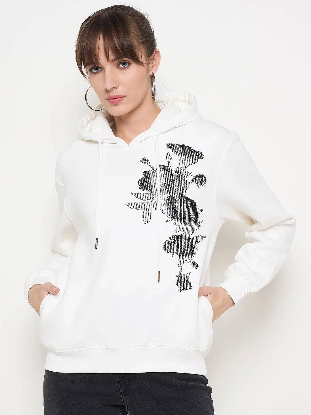 Madame Floral Print Adorned Cotton Blend White Sweatshirt - Image 3