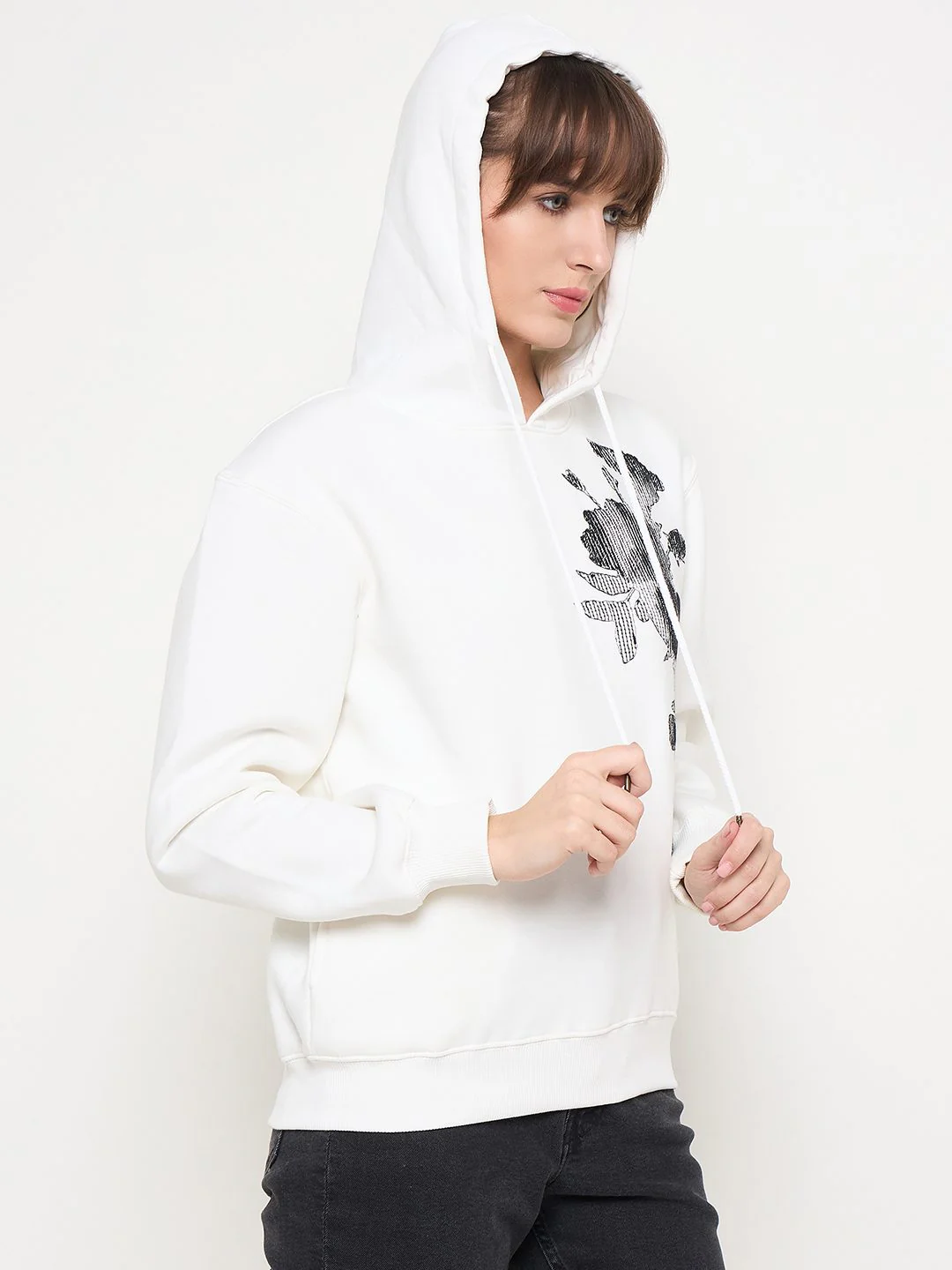 Madame Floral Print Adorned Cotton Blend White Sweatshirt - Image 4