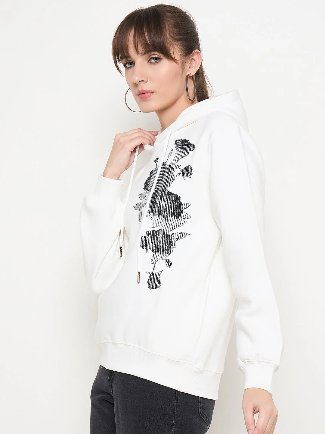 Madame Floral Print Adorned Cotton Blend White Sweatshirt - Image 5