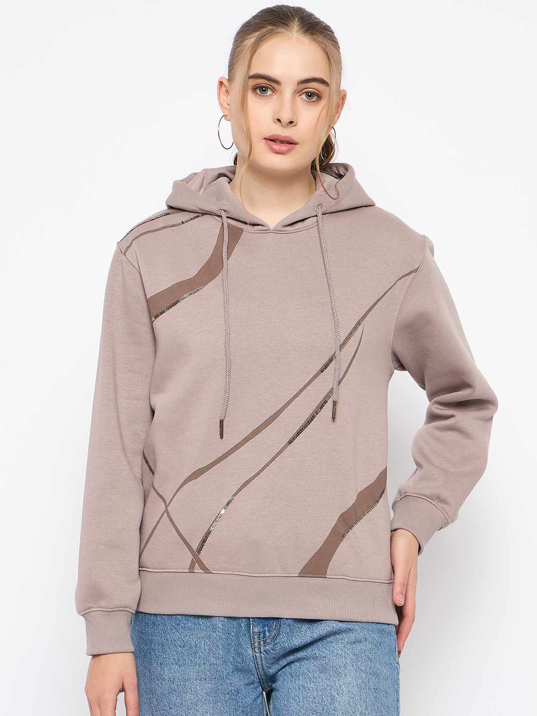 Madame Cotton Blend Printed And Handwork Detailed Brown Sweatshirt - Image 3