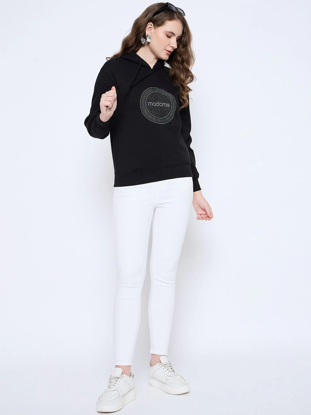 Madame Graphic Print Loose Fit Black Hooded Sweatshirt - Image 2