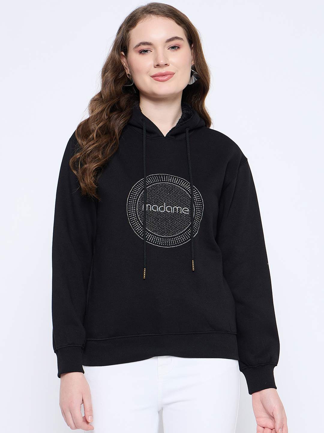 Madame Graphic Print Loose Fit Black Hooded Sweatshirt - Image 3