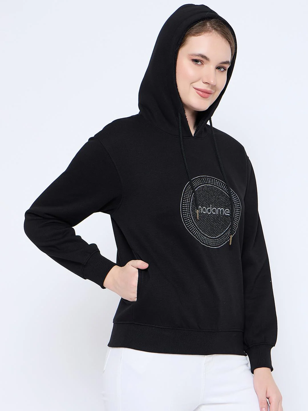 Madame Graphic Print Loose Fit Black Hooded Sweatshirt - Image 4