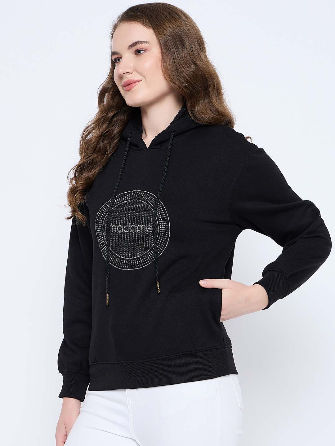 Madame Graphic Print Loose Fit Black Hooded Sweatshirt - Image 5