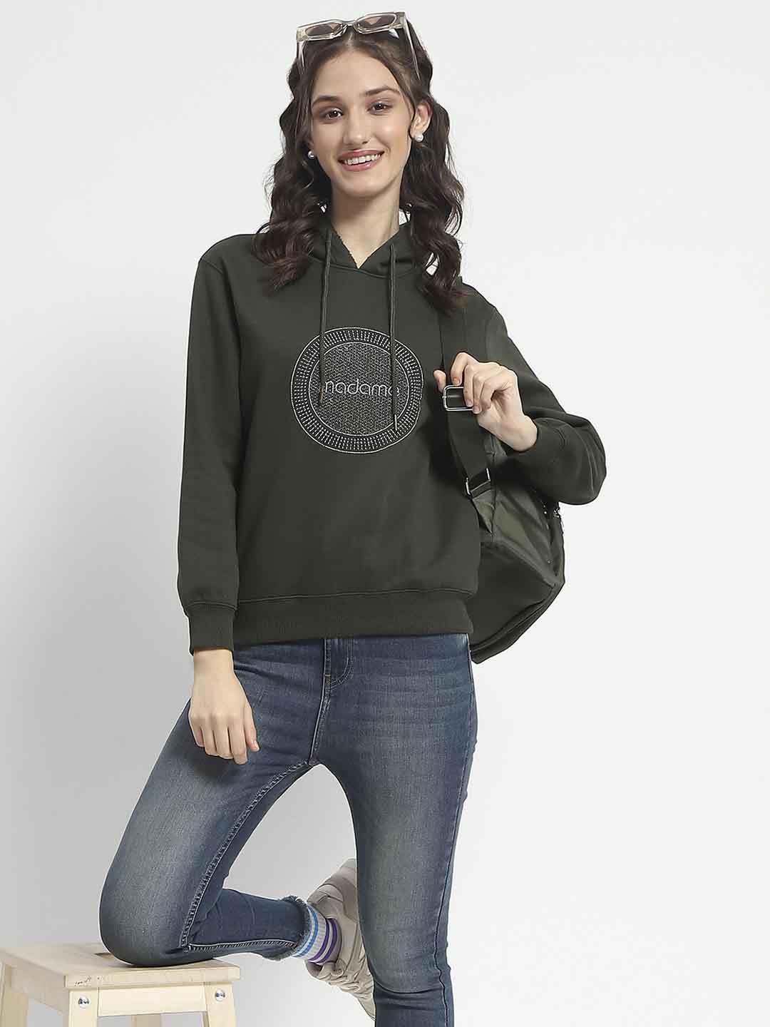 Madame Abstract Print Hooded Olive Cotton Sweatshirt