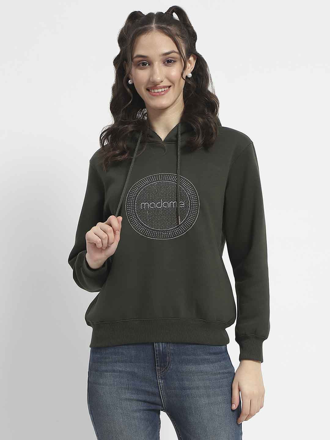 Madame Abstract Print Hooded Olive Cotton Sweatshirt - Image 3